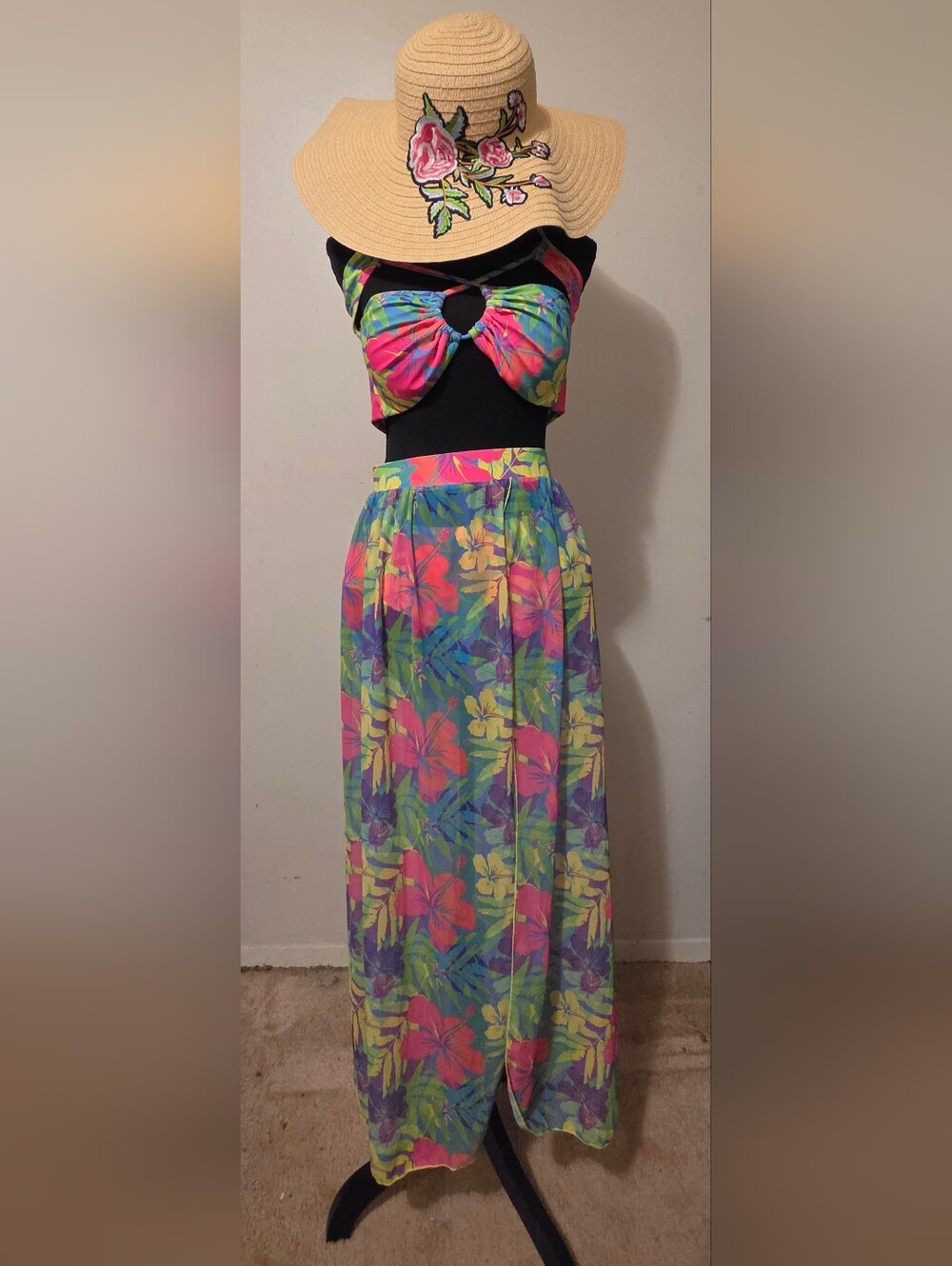 Floral 3-Piece Swimset with Coverup in Green & Pink